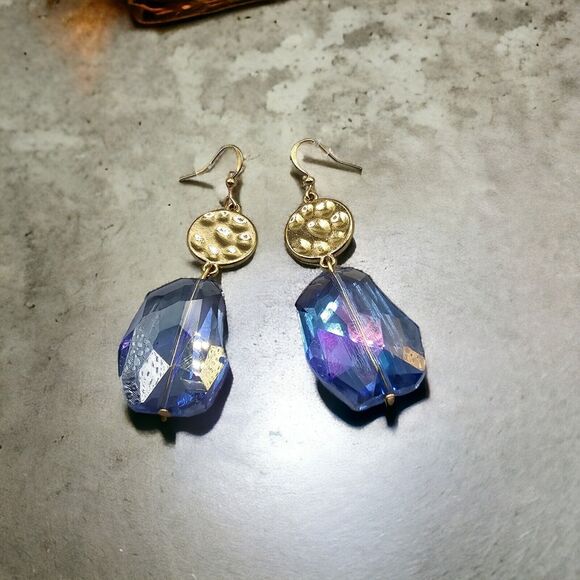 Pierced Earrings Blue Crystal AB Coated Hammered Coin Dangle Gold Tone Jewelry - Picture 3 of 6